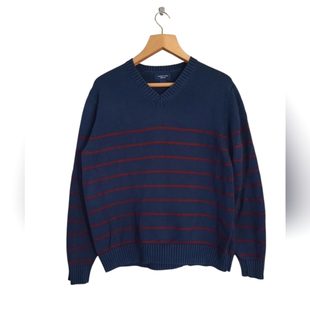 Lands End Cotton Striped Cardigan Pullover